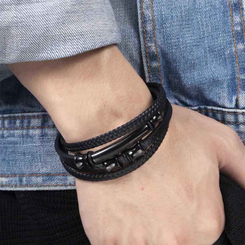 ブレスレット メンズ 重ね付け ファッション 欧米風 合金 マグネット留め具 竹節 マイクロファイバーレザー ブラック 通勤 ビジネス 普段使い カジュアル スタイリッシュ 幾何学模様