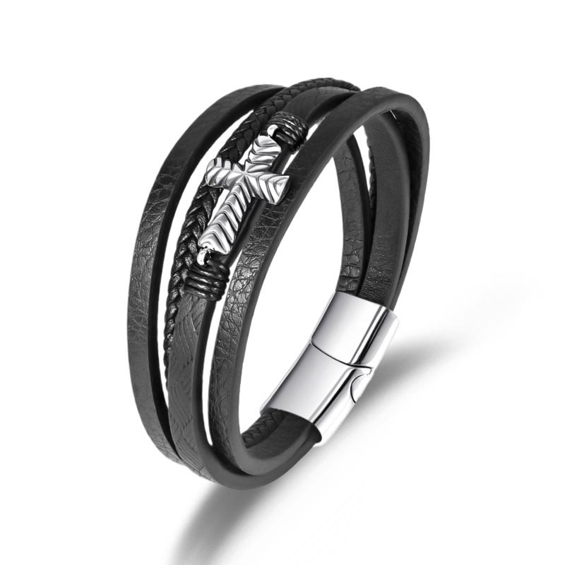 ブレスレット メンズ シンプル 編み込み レザー 十字架 多層 重ね付け ステンレス 欧米スタイル シルバーカラー ファッション カジュアル 普段使い 男性用 腕輪