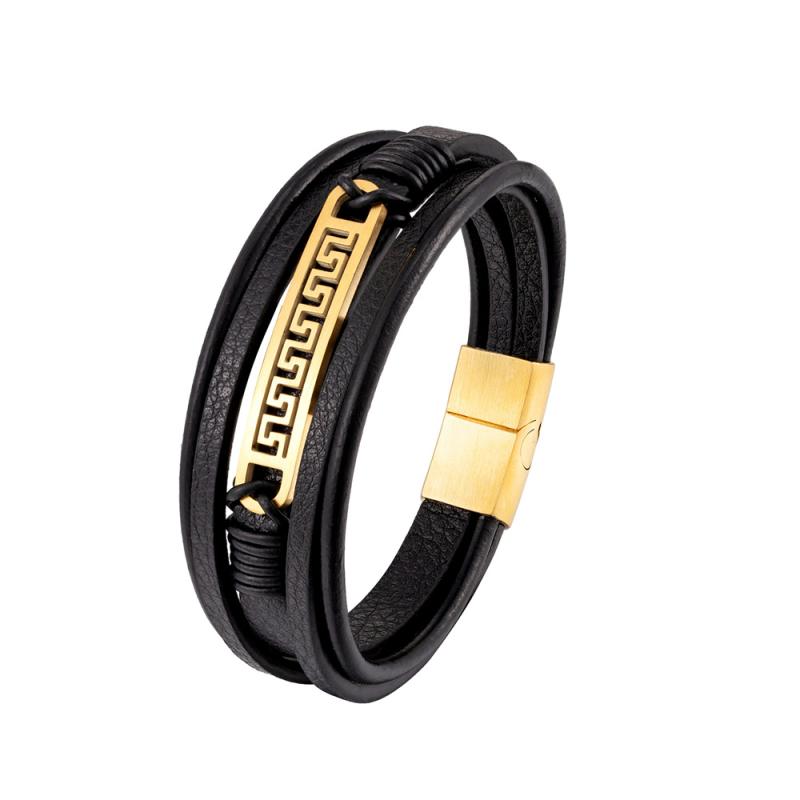 ブレスレット バングル 男女兼用 ユニセックス 本革 レザー チタン鋼 ステンレス 多重 編み込み 幾何学..