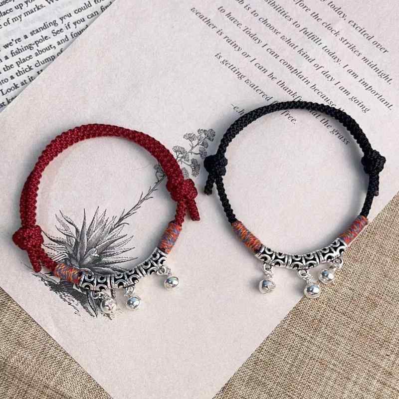 ブレスレット 男女兼用 中国風 鈴 ベル 手撚り綿糸 コットン 手編み 合金 赤い紐 レッド コード チベッ..