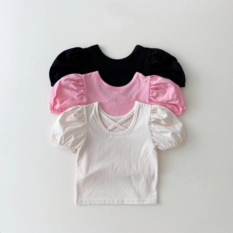 Tシャツ キッズ 女の子 半袖 トップス 無地 パフスリーブ クロス 綿 ラウンドネック 普段着 通園通学 カジュアル 夏 韓国 かわいい おしゃれ こども服