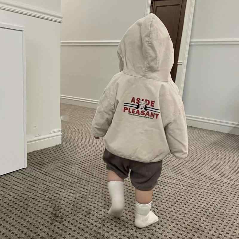 アウター ベビー キッズ 男女兼用 コーデュロイ フード付きジャケット 綿 裏ボア 裏起毛 厚手 暖かい 防寒 保温 アルファベット ロゴ おしゃれ 秋冬 ミドル丈 テラコッタ アイボリー