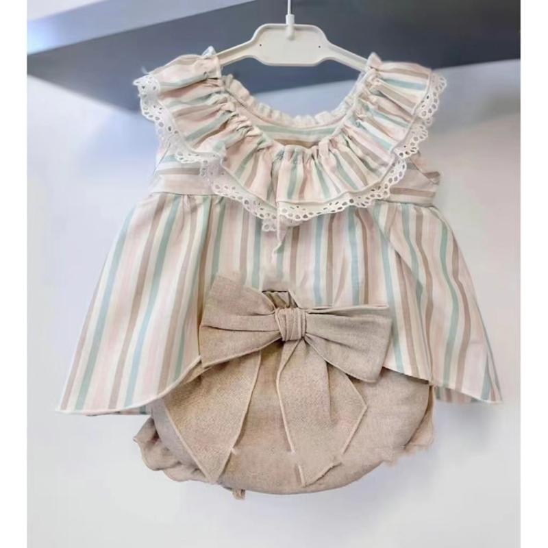 ベビー服 男の子 女の子 夏 フリル襟 トップス リボン ブルマパンツ 2点セット 綿 コットン 薄手 柔ら..