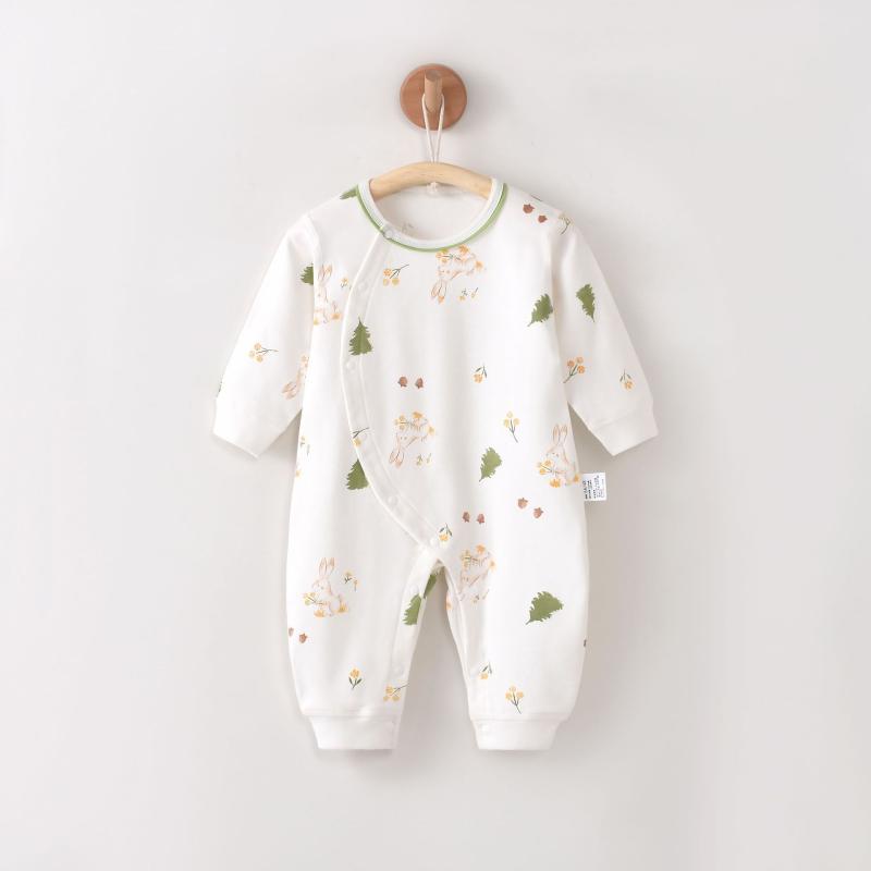 ベビー ロンパース 新生児 綿 コーマ綿 長袖 オールシーズン フラットシーム パジャマ ルームウェア 斜..