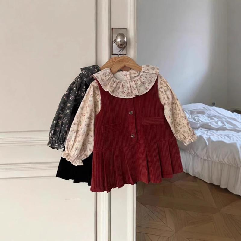 ジャンパースカート 女の子 幼児 ベビー服 コーデュロイ レトロ 韓国 ノースリーブ プリンセスドレス 秋冬春 綿 ソフト 無地 かわいい おしゃれ ワインレッド ブラック