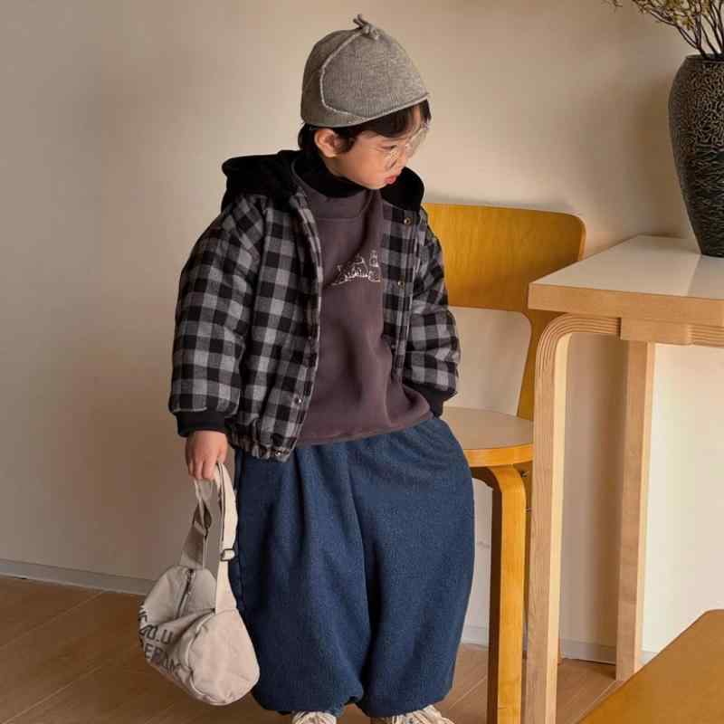 ジャケット キッズ 男の子 女の子 ユニセックス 韓国 レトロ チェック柄 中綿入り 防寒 防風 厚手 フード付き コットン 柔らかい カジュアル 普段使い シ...