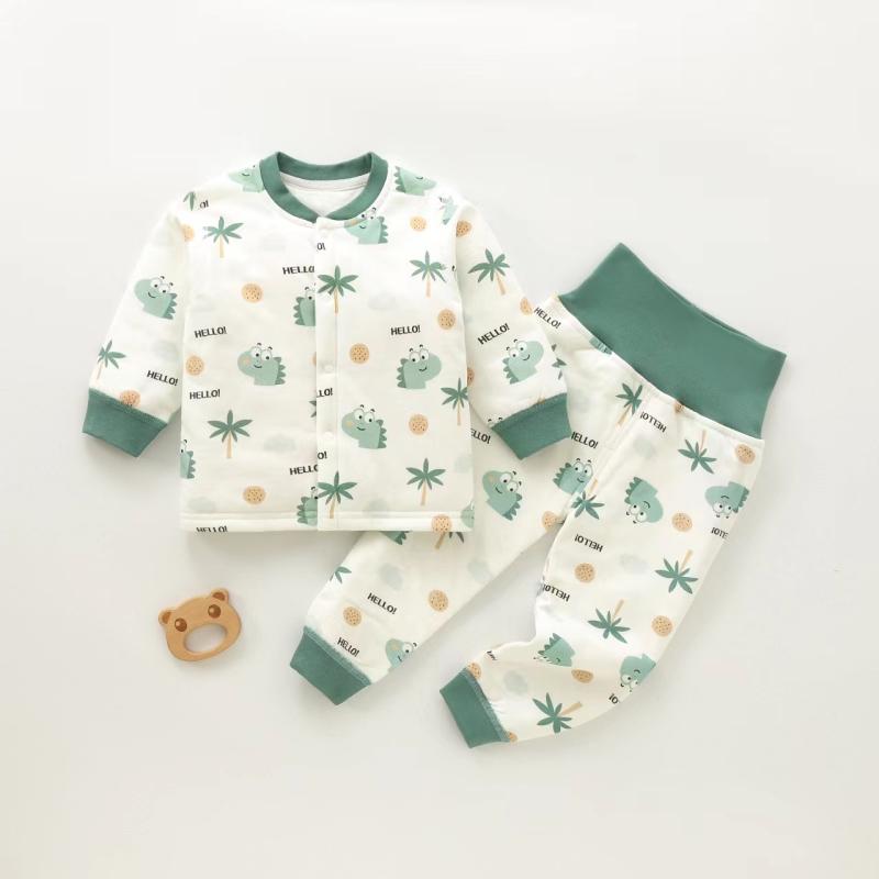 ベビー肌着 男の子 女の子 綿 あったか 中わた入り 保温 防寒 上下2点セット パジャマ ルームウェア Vネック ハイウエスト 可愛い キャラクター柄 秋冬 幼児 子供服