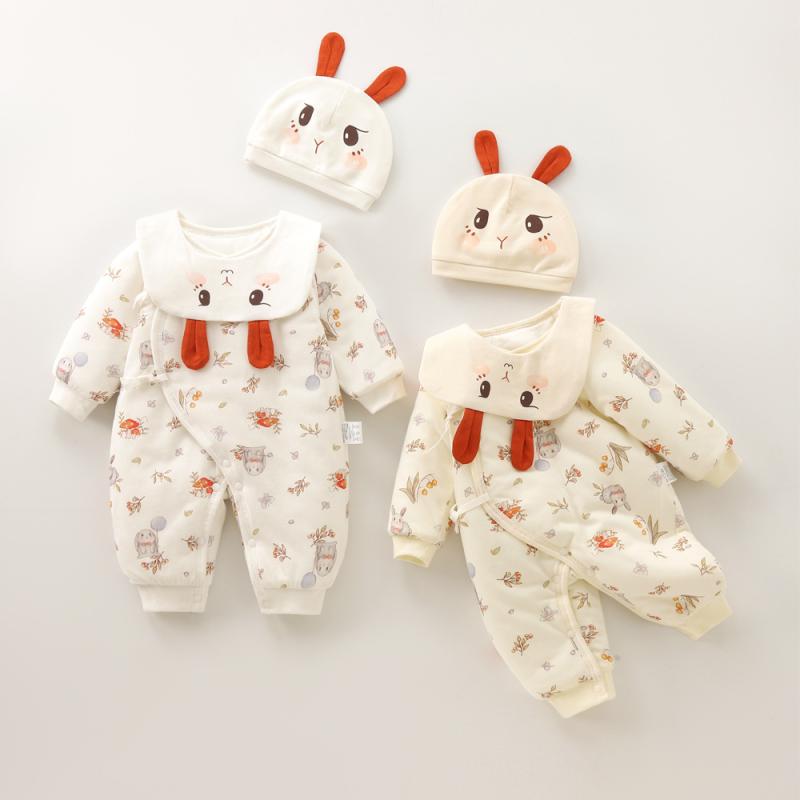 ロンパース ベビー 新生児 男の子 女の子 男女兼用 0-3ヶ月 かわいい 綿 コットン素材 打ち合わせ 和服風 前開き 長袖 シームレス 秋冬 ベージュ ホワイト アイボリー