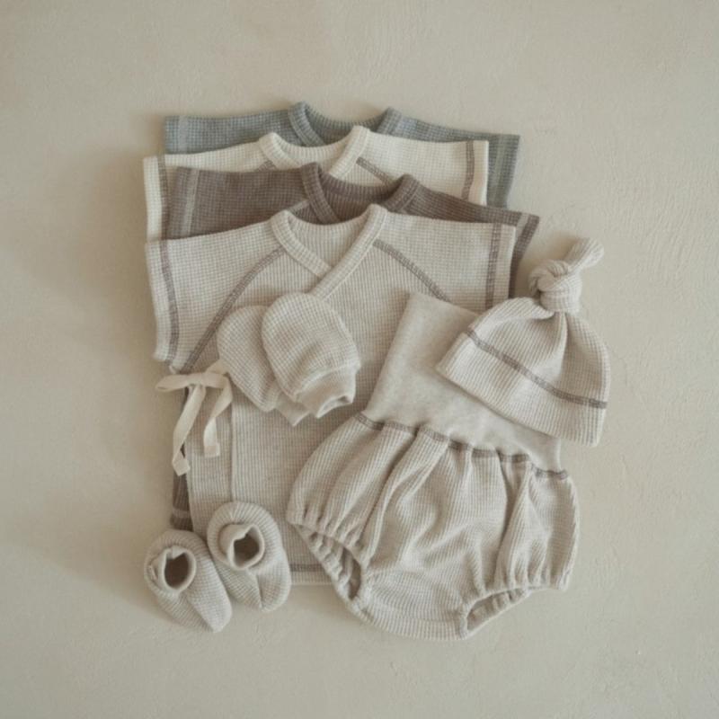 ベビー服 男女兼用 ワッフル生地 前開き 紐結び 半袖トップス ハイウエスト 腹巻き ショートパンツ セ..