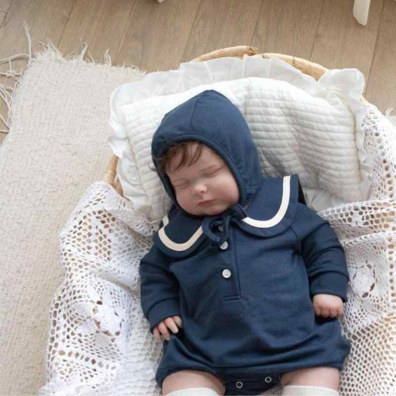 ロンパース ベビー 男の子 女の子 兼用 カレッジ風 配色ライン 切り替え ビッグカラー セーラー襟 綿 コットン 長袖 秋冬 オールインワン カバーオール ベージュ ネイビー スナップボタン 普段着 お出かけ 韓国ファッション