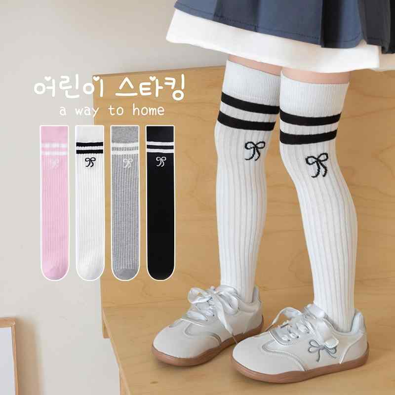 靴下 キッズ 女の子 春秋 ボーダー ロゴ ルーズソックス JK 刺繍 リボン 着圧 スクール風 ハイソックス 綿 通気性 吸汗性 白 グレー 黒 ピンク