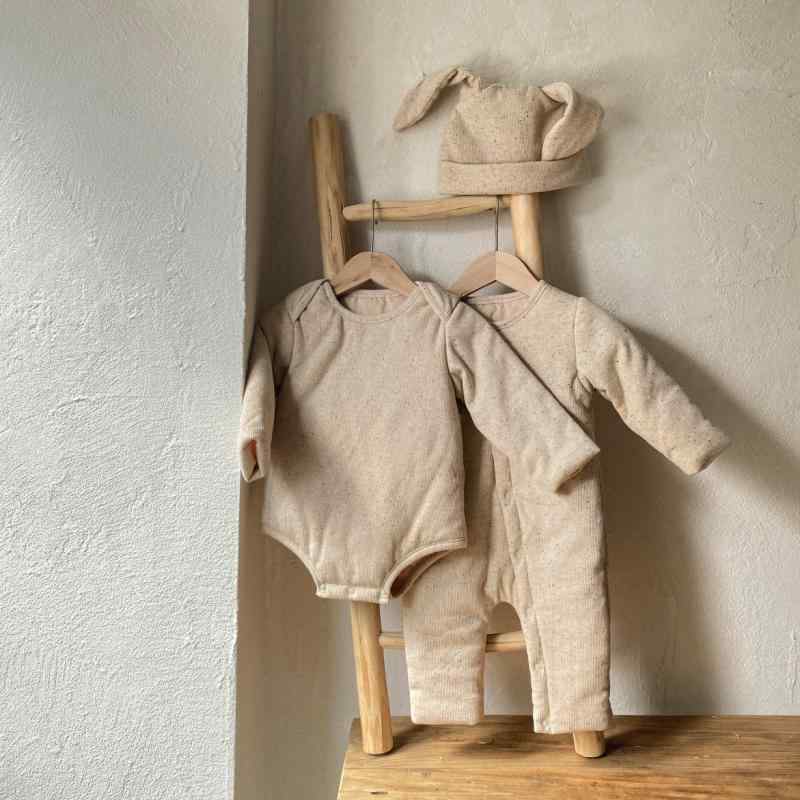 ロンパース ベビー 新生児 赤ちゃん カラーコットン 中綿入り 厚手 キルティング ロング丈 オートミールカラー 秋冬 防寒 保温 カバーオール 男女兼用 前開き 長袖 出産祝い