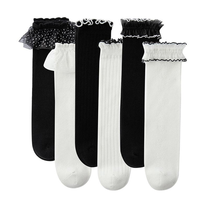 ソックス 女の子 ガールズ キッズ ハイソックス 薄手 レースフリル かわいい お姫様風 韓国 スクール風 制服風 コットン 綿 通気性 吸湿速乾 春夏 通学 普段使い 黒 白