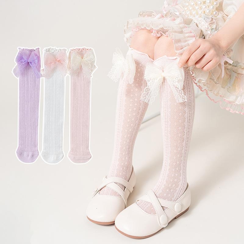 靴下 女の子 子供 ベビー 春夏 韓国 メッシュ 通気性 吸汗性 蒸れない さらさら リボン 綿 薄手 ミドル丈 ハイソックス ふくらはぎ丈 普段使い お出かけ 通学