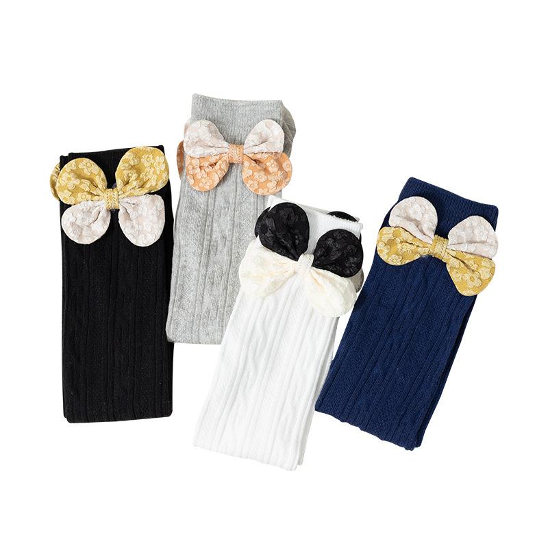 ソックス 女の子 キッズ ジュニア ニーハイソックス 膝上丈 秋冬 薄手 コーマコットン 切り替え配色 ケーブル編み リボン プリンセス 発表会 お出かけ 吸湿速乾 通気性 白 黒 ネイビー グレー