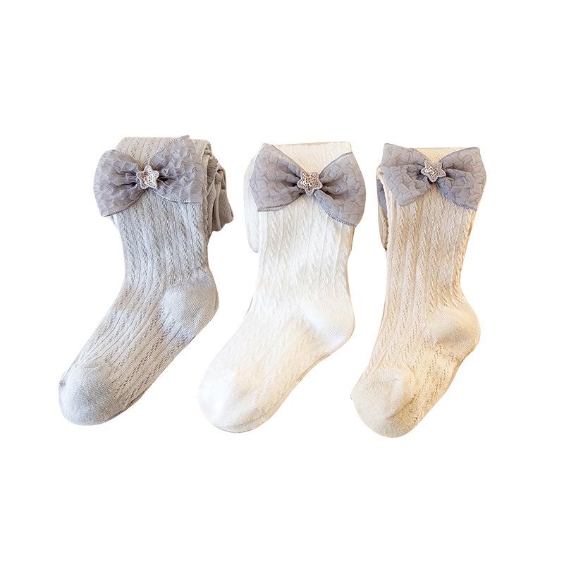 タイツ 女の子 女児 子供用 レギンス 綿 コットン プリンセス風 リボン 無地 薄手 虫よけ 通気性 吸汗性 春夏 普段使い お出かけ ホワイト グレー イエロー