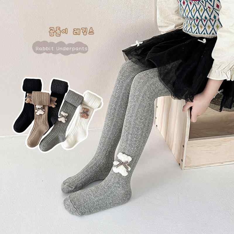 タイツ 女の子 キッズ ジュニア 小学生 中学生 かわいい クマ キャラクター 動物 綿 コットン ニット生..