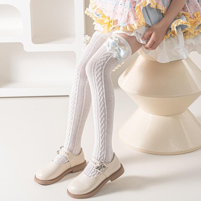 靴下 女の子 子供 キッズ ジュニア ハイソックス ロングソックス ニーハイソックス 春夏 薄手 綿 通気性 吸汗性 プリンセス風 リボン フリル レース お出かけ 発表会 かわいい