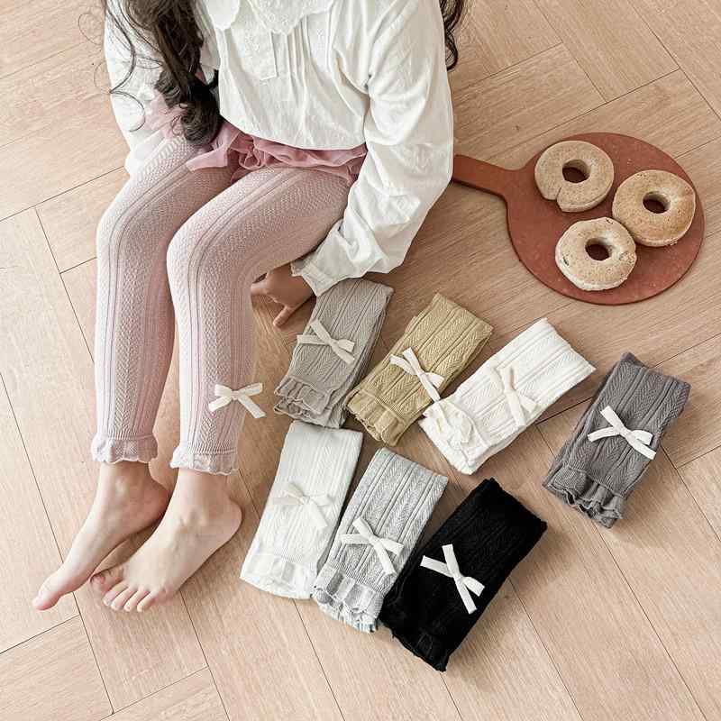タイツ 女の子 キッズ 子供 ベビー 春秋 ホワイト 白 無地 9分丈 中厚手 リボン フリル コットン 綿 快適 通気性 吸湿速乾 伸縮性 かわいい 幼児 小学生