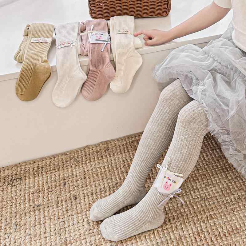 タイツ 女の子 ベビー キッズ 子供 春秋 レギンス 綿 韓国 ニット リブ 縦ストライプ 無地 蝶々リボン 吸湿速乾 薄手 普段使い 幼児向け おしゃれ かわいい ホワイト ピンク