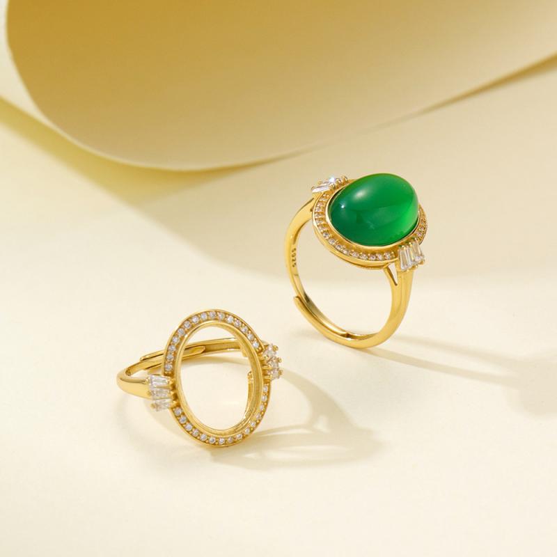 指輪 レディース 純銀 電気メッキ加工 ゴールド 卵形 オーバル ベゼルセッティング 空枠 未セッティン..