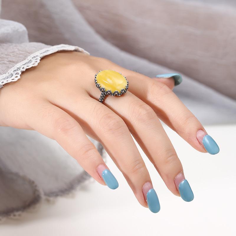 指輪 ユニセックス スターリングシルバー レトロ アンティーク デイジー フラワー 石 琥珀 翡翠 石座 ..