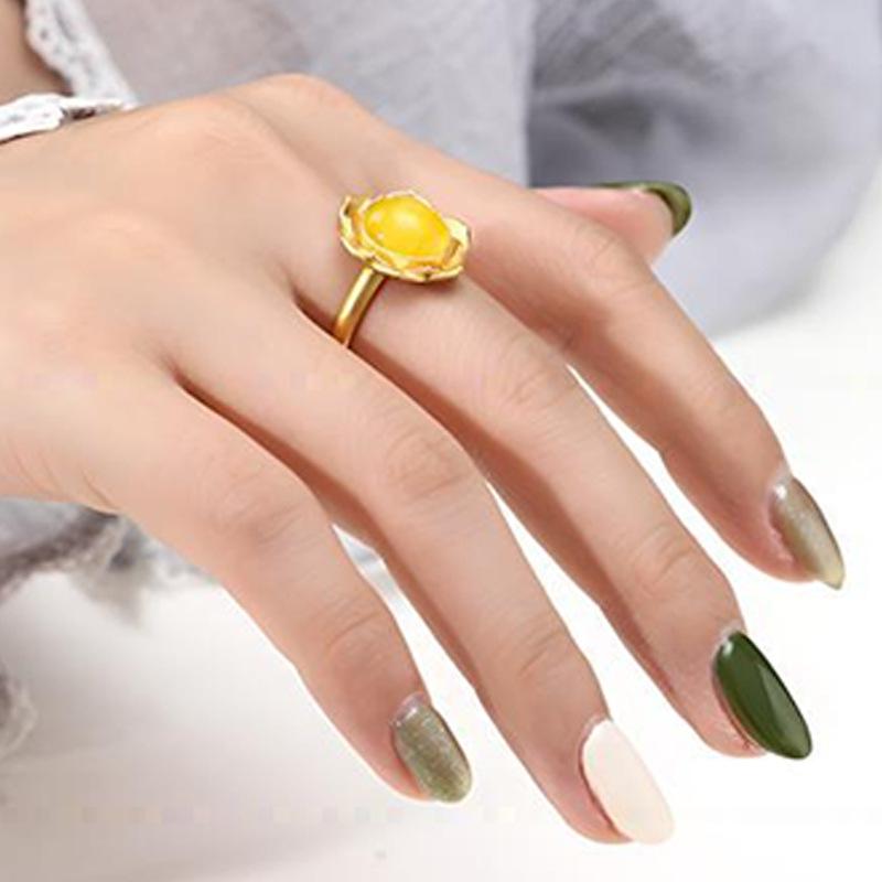 リング レディース 蓮の花 モチーフ レトロ エレガント K18金メッキ カボション用 空枠 フリーサイズ ..