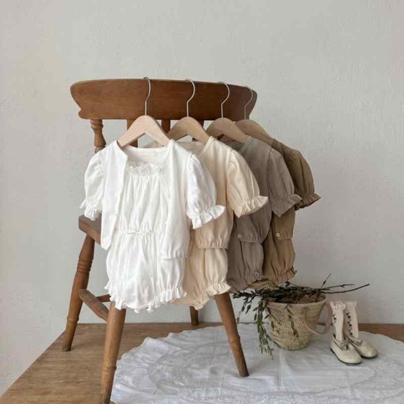 ベビー服 女の子 ロンパース カバーオール キャミソール ハート柄 ジャガード織り パフスリーブ 半袖 カーディガン セットアップ オフホワイト ベージュ 薄手 通気性 涼しい コットン 綿 夏 韓国 カジュアル