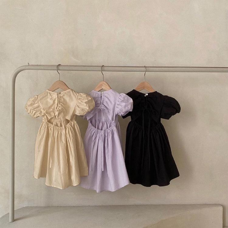 ワンピース 女の子 ベビー キッズ 女児 韓国 かわいい 半袖 パフスリーブ バックオープン 薄手 プリン..
