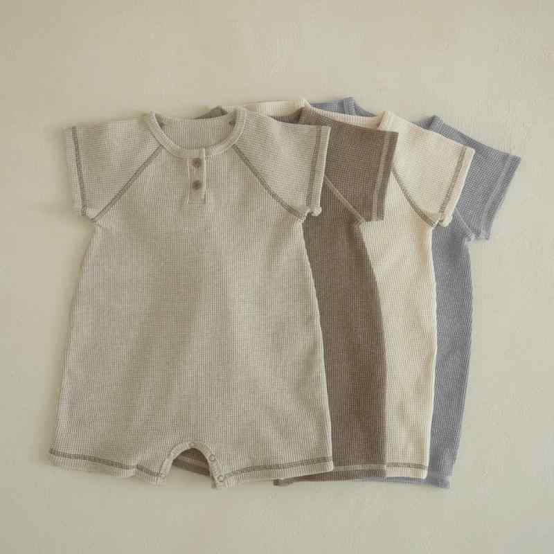 ベビー服 ロンパース 男女兼用 赤ちゃん 幼児 半袖 ワッフル生地 ポリエステル バイカラー 切り替え ス..