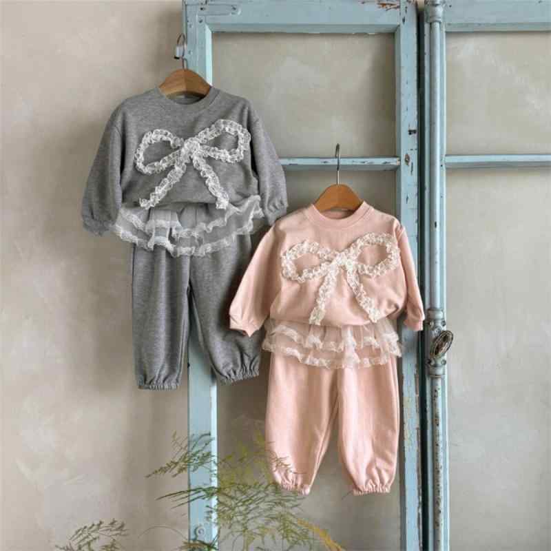 キッズ ガールズ トレーナー セットアップ ツーピース 秋 トップス スカッツ かわいい レース リボン ..