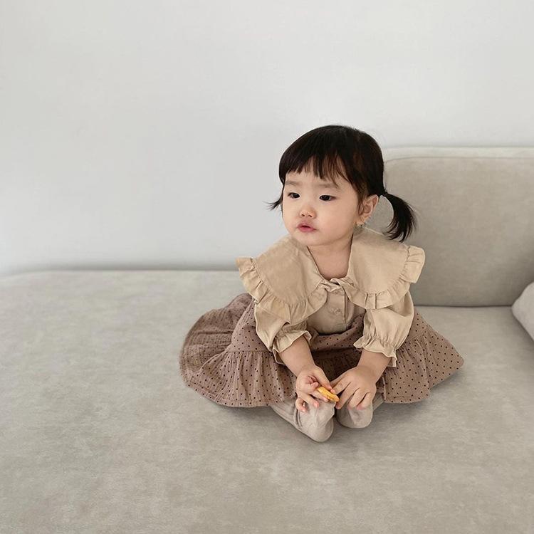 ブラウス 女の子 キッズ ベビー 幼児 韓国 ビッグフリル襟 長袖 綿 コットン 柔らか 肌触り良い 春夏 ライトブラウン ベージュ トップス(4)