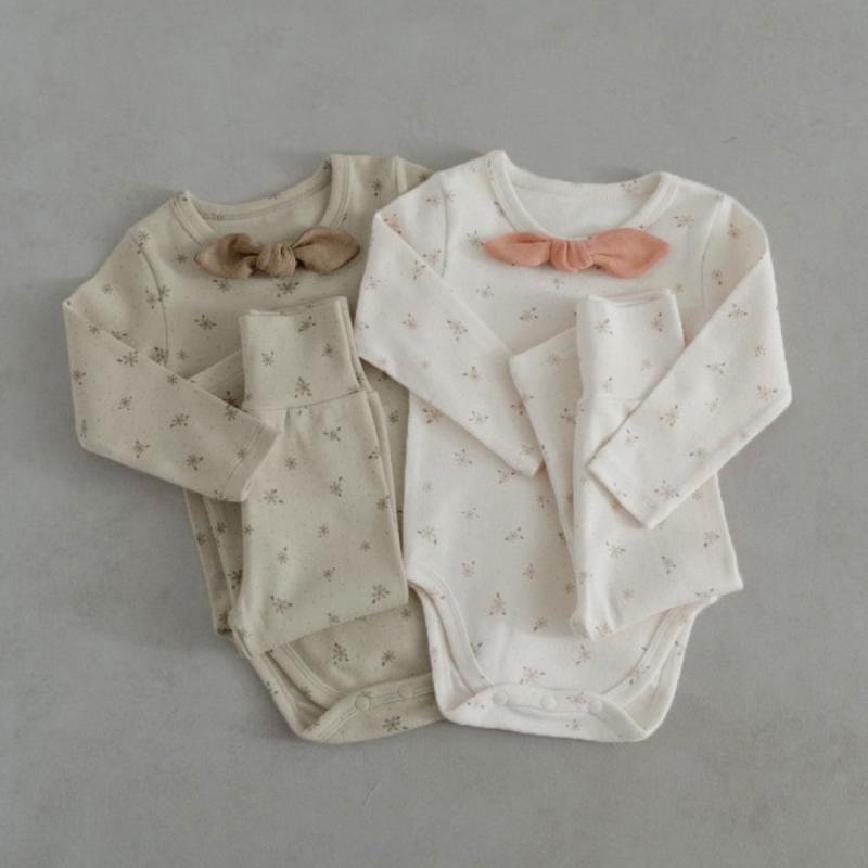 ベビー服 男女兼用 ロンパース 赤ちゃん 幼児服 綿 コットン 肌に優しい 小花柄 リボン 長袖 プルオーバー ハイウエスト 腹巻パンツ 韓国 春秋 上下セット 2点セット