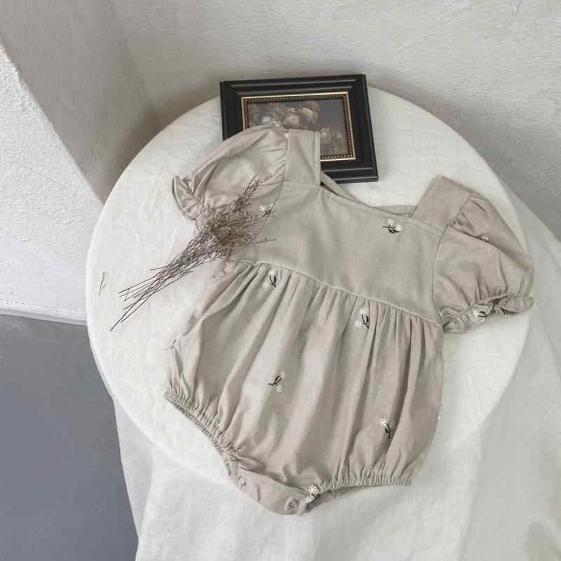 ロンパース 女の子 ベビー 春夏 織り綿 コットン パフスリーブ 繊細な刺繍 カバーオール 赤ちゃん服 かわいい おしゃれ グレージュ お出かけ 普段使い