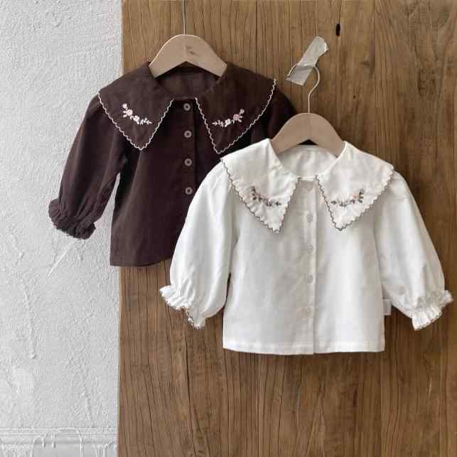 ブラウス 女の子 ベビー キッズ 春秋 北欧風 花柄刺繍 柔らかい 綿 コットン ビッグ襟 バルーンスリーブ パフスリーブ 長袖 お出かけ 通園着 オフホワイト ブラウン