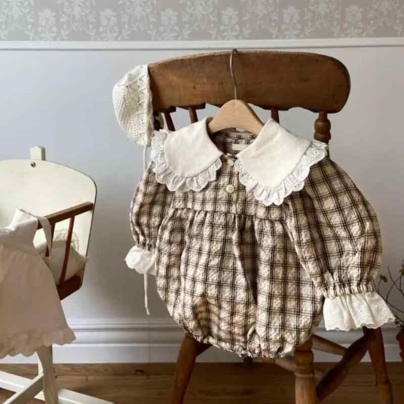 ロンパース 女の子 ベビー 乳幼児 長袖 フリル襟 配色 森ガール ナチュラル 綿 チェック柄 プルオーバ..