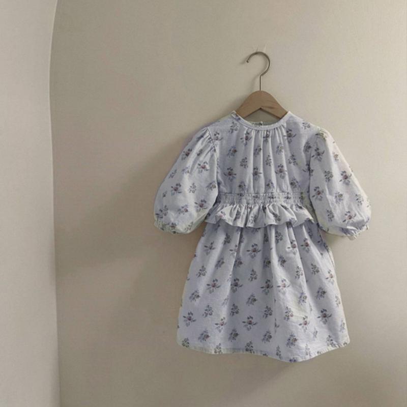 ワンピース ドレス ベビー 女の子 韓国 田園風 小花柄 スモッキング 長袖 プリンセス Aライン 綿 ソフト かわいい ライトブルー 秋(4)