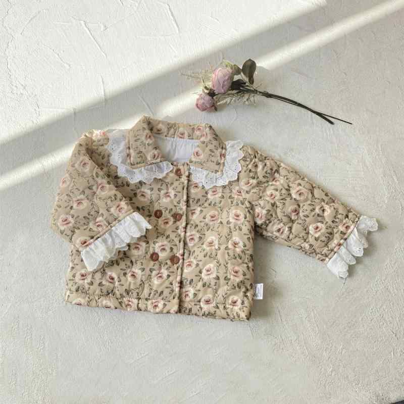 ベビー 女の子 中綿コート 冬 ダブルボタン レトロ 花柄 襟付き ショート丈 厚手 保温 防寒 フードなし 韓国 ソフトタッチ ポリエステル 杏 小花柄 普段...