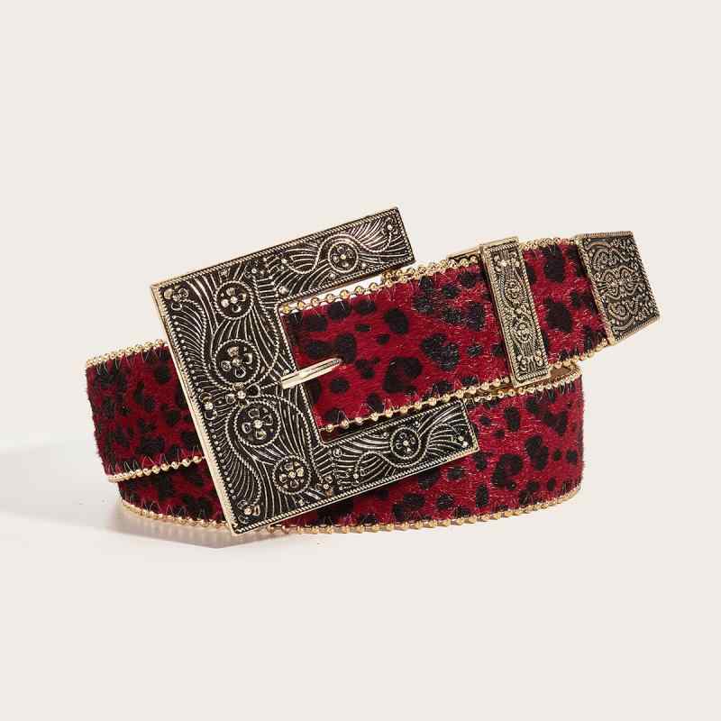 ベルト レディース ヒョウ柄 アメリカンレトロ インスタ映え 個性派 サブカルチャー 太め PUレザー ピンバックル 合金 手作りビーズ飾り カジュアル 春夏