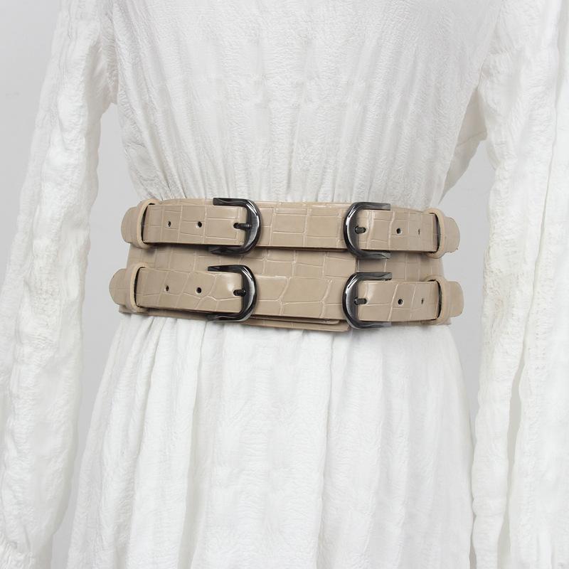 ウエストベルト レディース ダブルバックル クロコダイル柄 フェイクレザー 幅広ベルト ワンピース ドレス スタイルアップ 細見え効果 汎用性 ファッション小物 ブラック カジュアル きれいめ