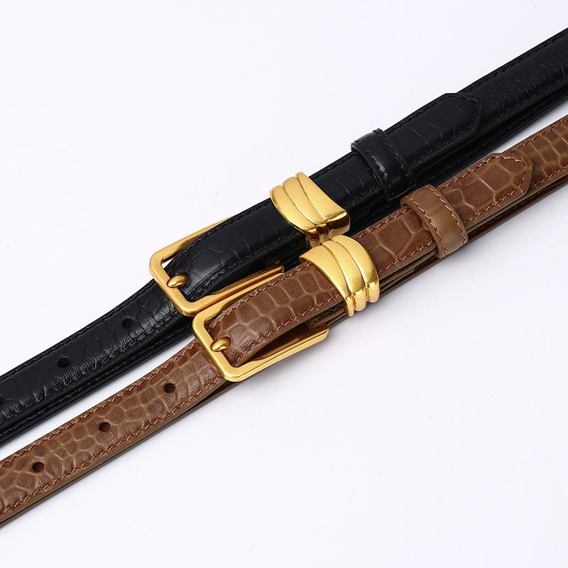 ベルト レディース 本革 牛革 クロコダイル柄 型押し 細ベルト ピンバックル 韓国 カジュアル きれいめ..