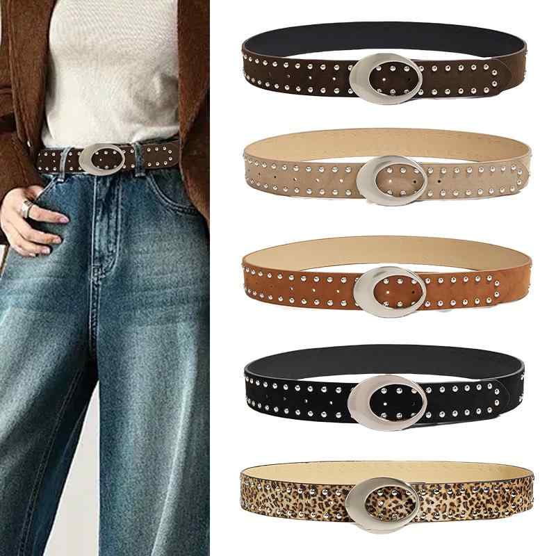 ベルト レディース レトロ マラードカラー スタッズ PUレザー ウエストマーク 細見え スタイルアップ ..