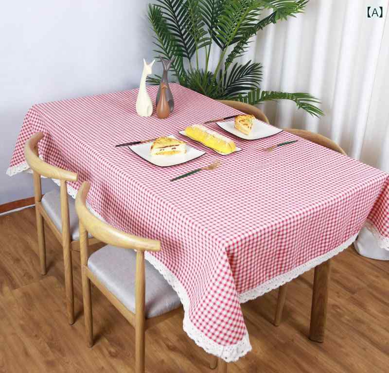 テーブルクロス 綿麻 厚手 小格子柄 フリンジ フリル 長方形 ダイニング コーヒーテーブル用 耐熱 断熱 シンプル カントリー 北欧風 おしゃれ 普段使い