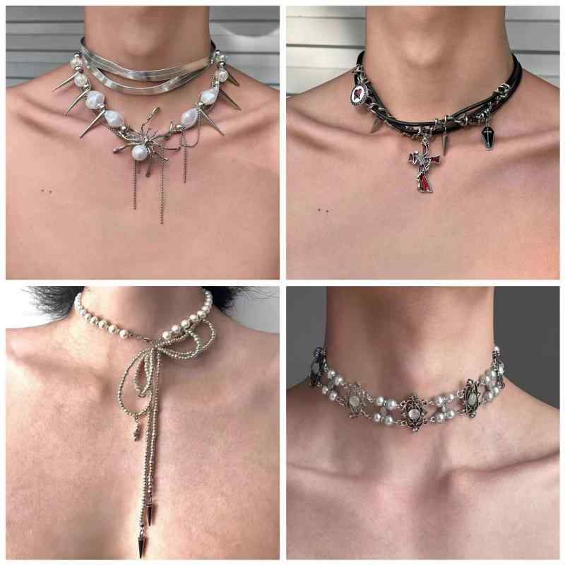 チョーカー 男女兼用 合金 レザー リベット ダークパンク ゴシック Y2K サブカルチャー 個性的 ストリート ロック 重厚感 ネックレス