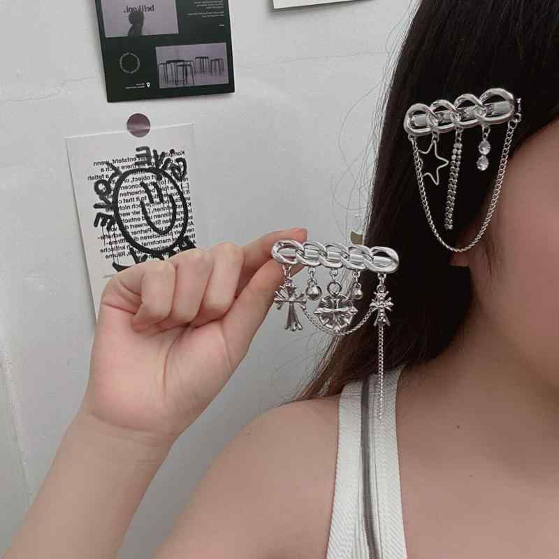 ヘアクリップ レディース 女性用 甘辛スタイル 透かし彫り スター 星 フリンジ タッセル アシンメトリ..