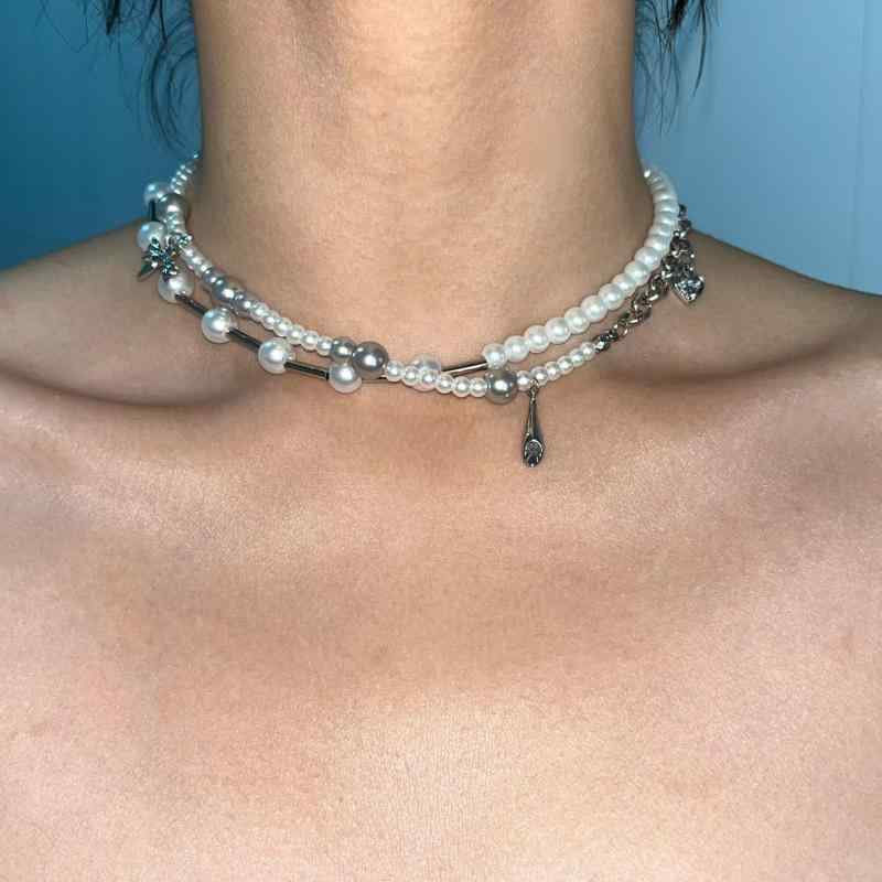 ネックレス ユニセックス 欧米風 リボン パール チタン鋼 多層 チョーカー 凝った 普段使い 鎖骨チェーン ゴシック調 電気メッキ加工(4)
