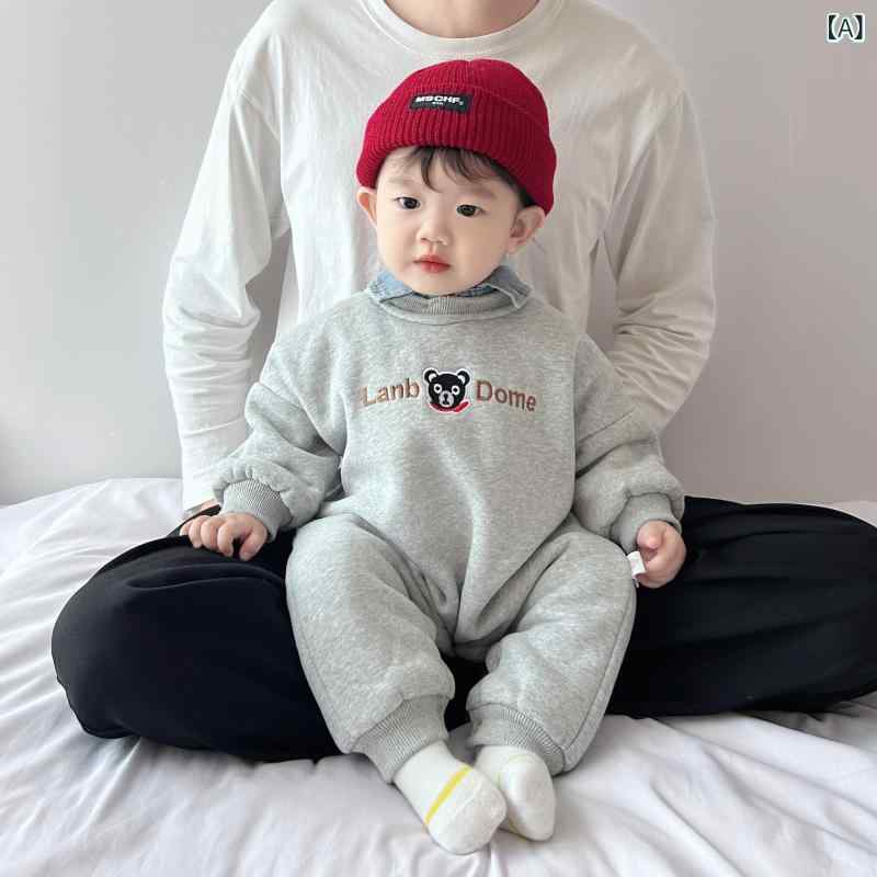 ロンパース 男の子用 ベビー 赤ちゃん 綿 コットン 裏起毛 厚手 襟付き 長袖 カバーオール 秋冬 暖かい 防寒 普段使い お出かけ カジュアル 韓国 グレー