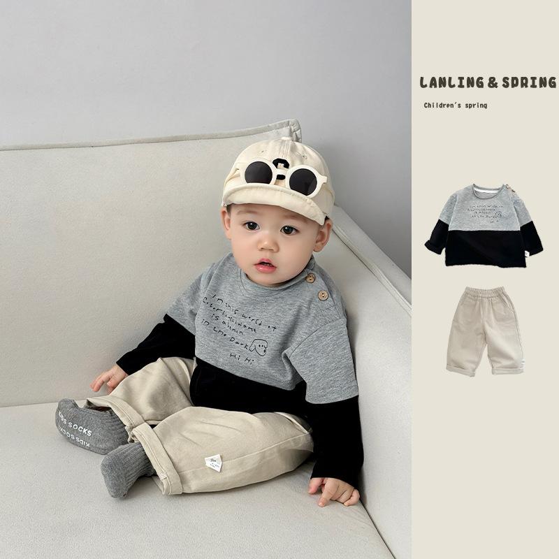 キッズ 男の子 セットアップ 長袖 Tシャツ 切り替えトップス ゆったり ストレートパンツ 春 秋 ベビー..