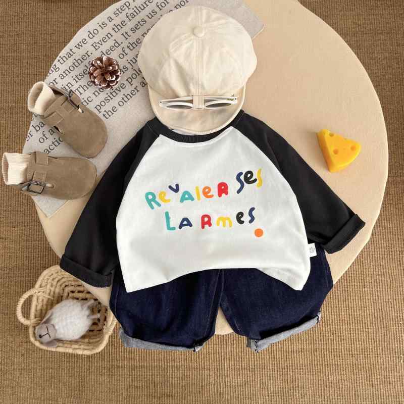 Tシャツ 男の子 ベビー キッズ 子供 長袖 春秋 韓国 カジュアル 綿混 キャラクター アルファベットロゴ 切り替え 吸湿速乾 柔らか肌触り インナー 普段着 通園通学 丸首