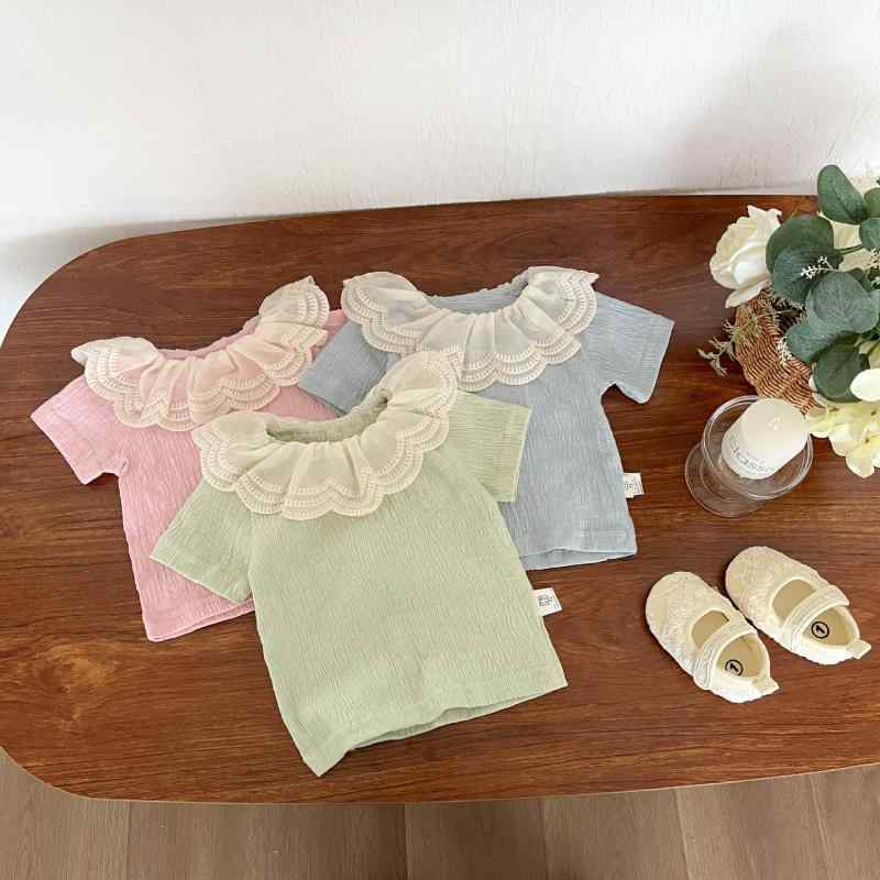 Tシャツ 女の子 ベビー 幼児 半袖 トップス カットソー レース フリル襟 丸首 おしゃれ かわいい 春夏 綿素材 吸湿速乾 普段使い 着回し 韓国子供服 通園 肌に優しい ピンク ブルー グリーン
